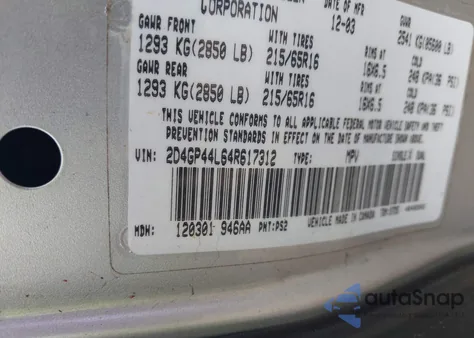 2004 Dodge Grand Caravan Sxt from USA, damaged, VIN 2D4GP44L64R617312